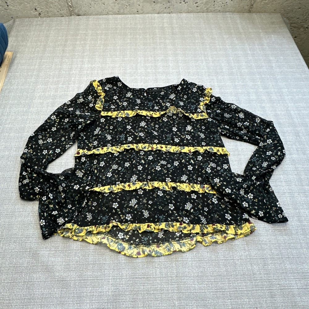 Seven Sisters Floral Ruffle Sheer Blouse Women's M Black Yellow Long‎ Sleeve Top